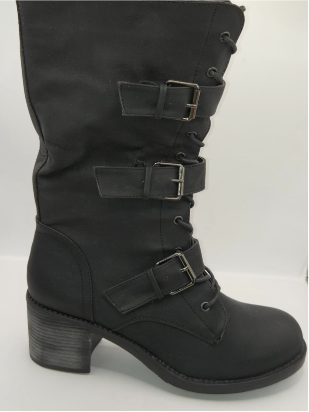 New Womens Black FRH Mid Calf Boots Buckles Size 8.5 Combat Motorcycle Biker